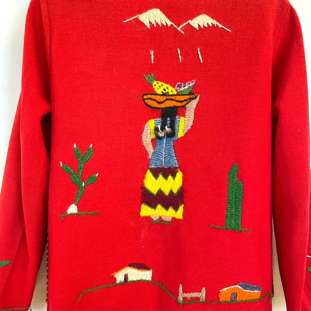 Vintage 40s 50s Mexican Wool Felt Jacket Red Embroidered Womens S - Picture 6 of 10
